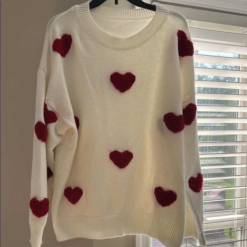 Cozy White Sweater with Red Heart Accents